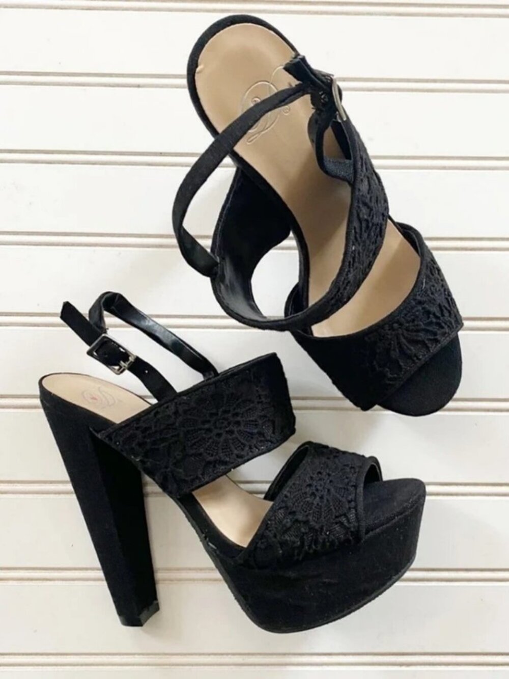 Dollhouse Platform Sandals 7 Black Lace Embroidered Block Heel Ankle Strap